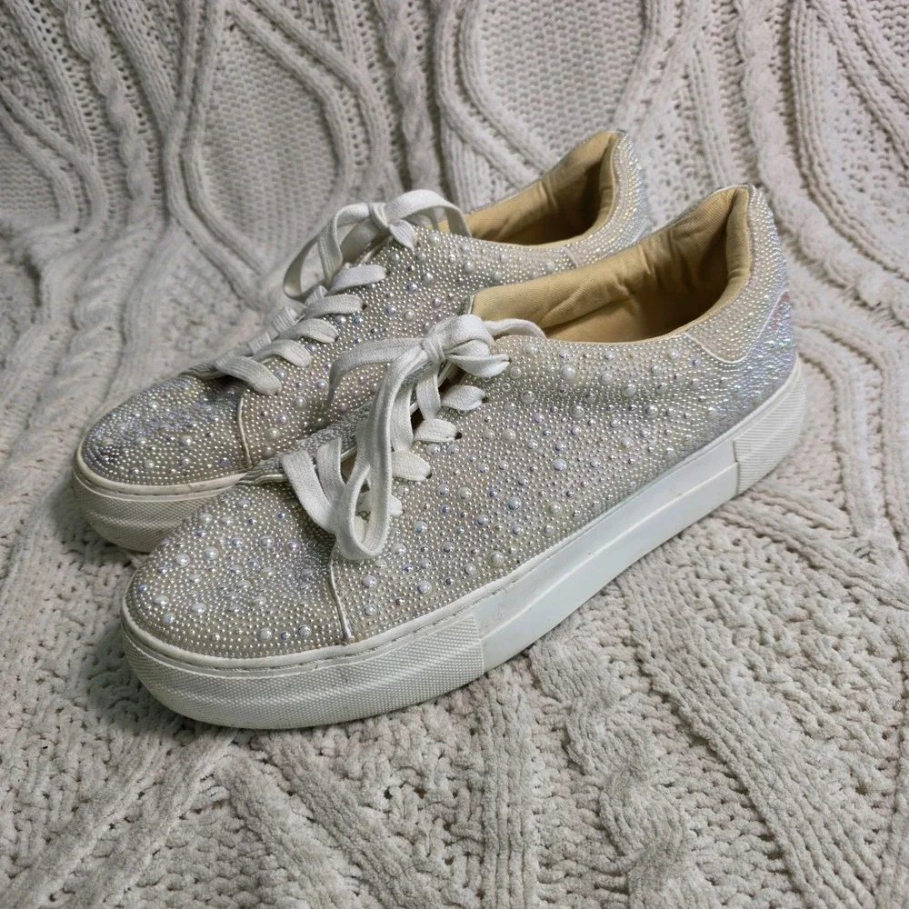 Betsey Johnson Sneakers Ivory Rhinestone Pearl Bridal Platform Womens 11